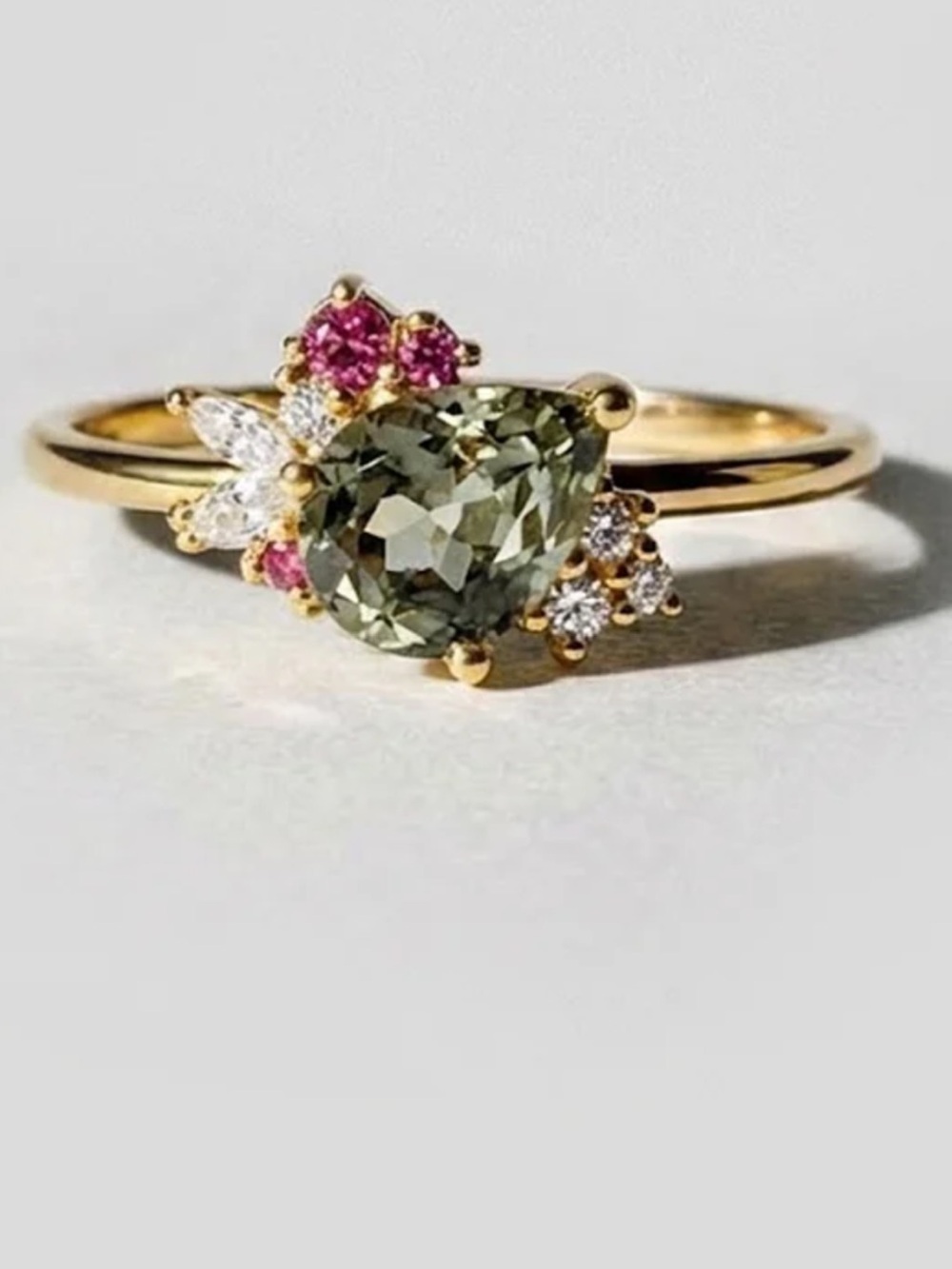 Oomay Succulent Rose-Tone Ring with Light Green Center Gem and Sparkling Accents